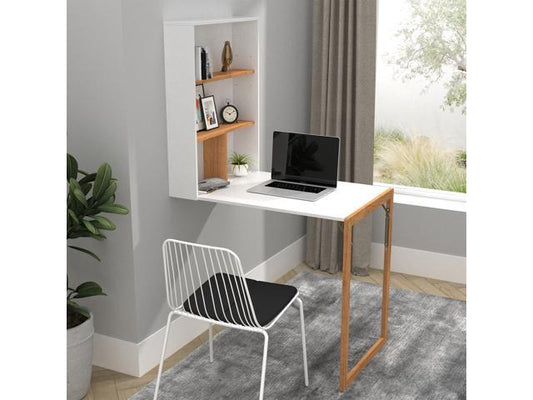 Folding Wall Mounted Table, Floating Writing Desk Space Saving with Storage Shelves for Home Office in White